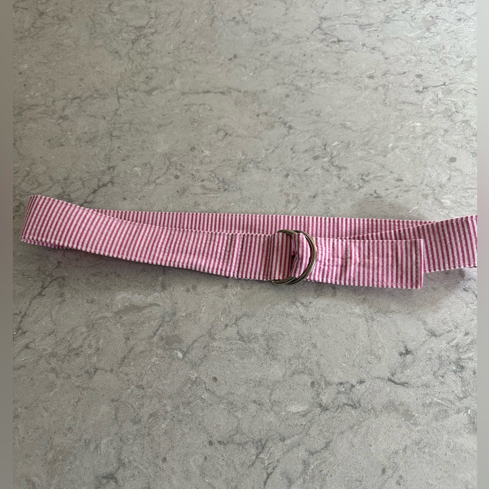 Pink & White Seersucker Striped Belt with Silver Buckle